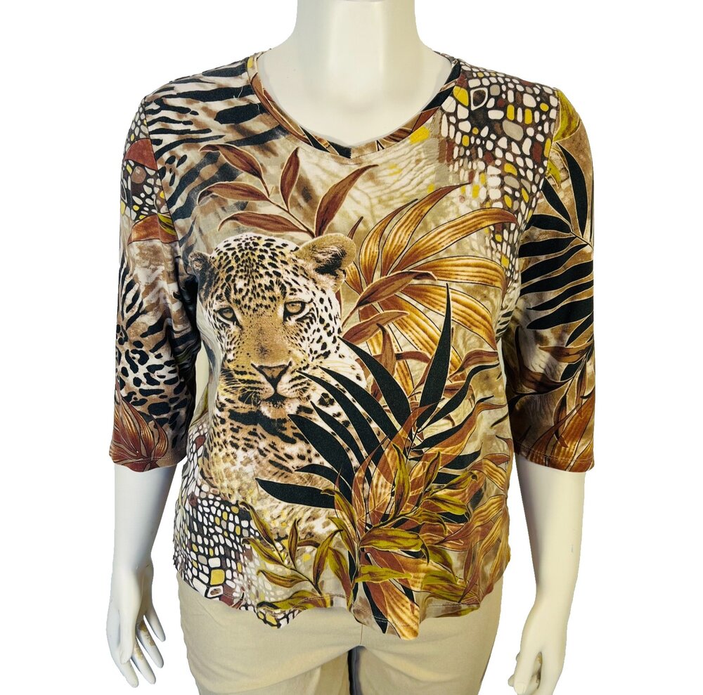 Alia Top Womens Size L Brown Beige Tropical Leaf Leopard Cat V-Neck 3/4 Sleeve